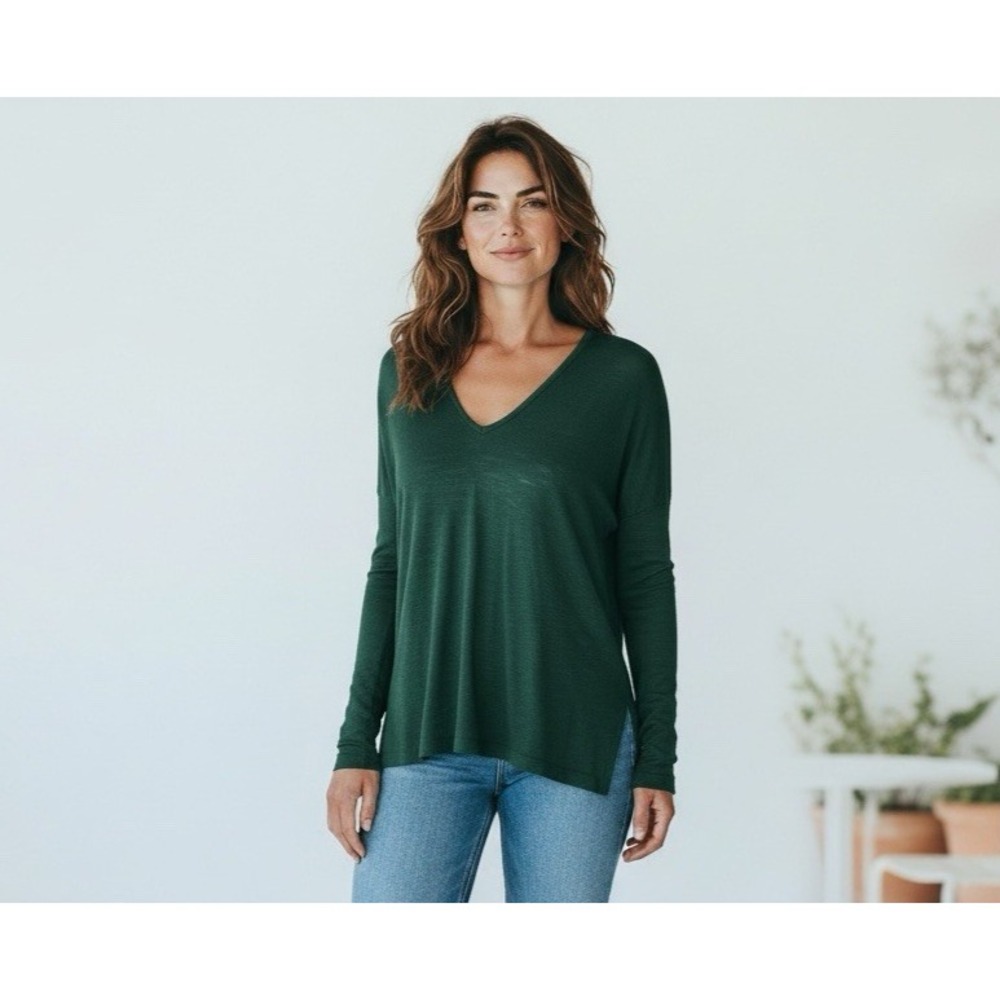 Madewell Women's M V Neck Slub Knit LS Tee‎ Shirt Hunter Green